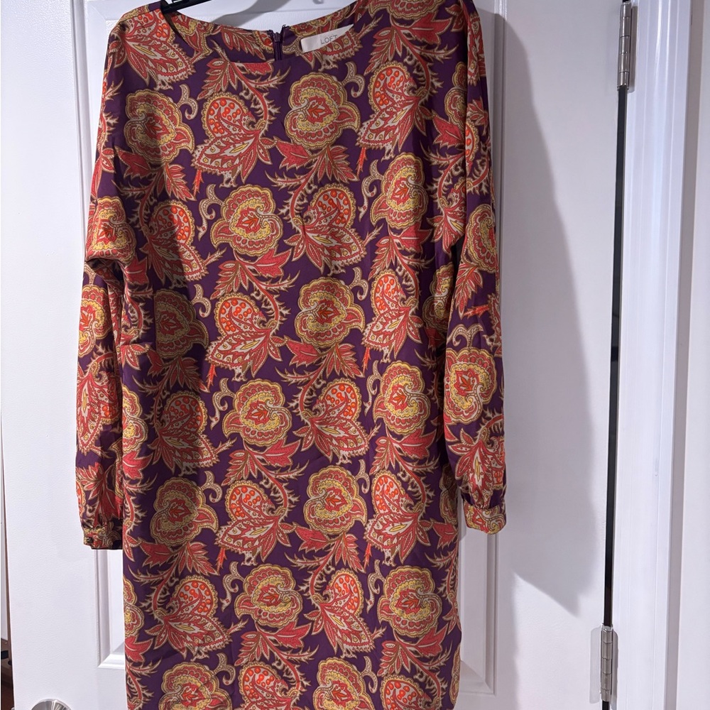 LOFT Burgundy and Orange Floral Long Sleeve Dress